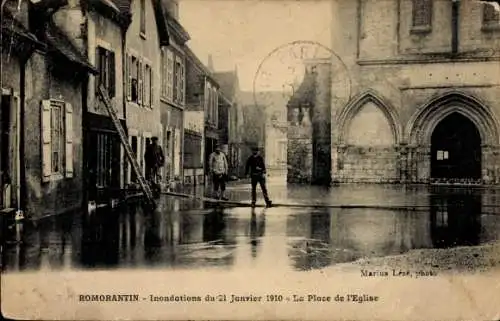 Ak Romorantin Lanthenay Loir et Cher, Überschwemmungen 1910, Place de l'Eglise