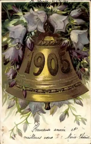 Präge Litho Jahreszahl 1905, Glocke, Blumen