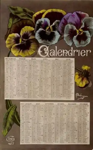 Ak Kalender, Stiefmütterchen, Blumen