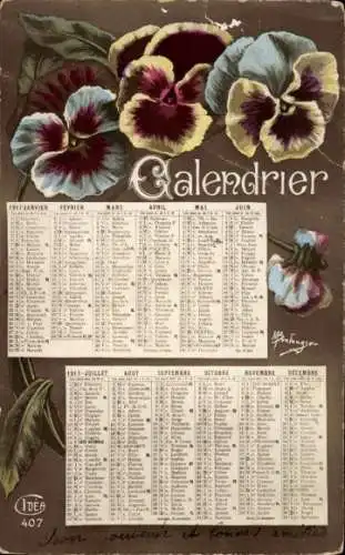 Ak Kalender, Stiefmütterchen, Blumen