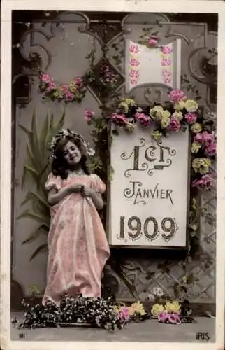 Ak Neujahr, Jahreszahl 1909, Mädchen, Blumen, Kalender