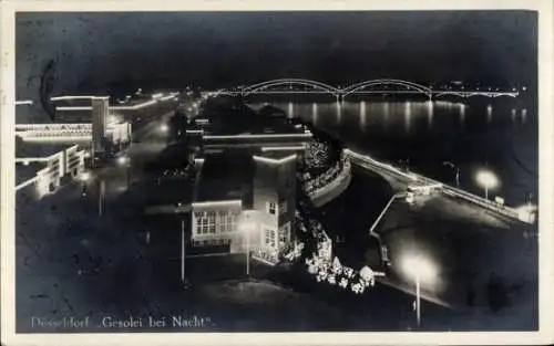 Ak Düsseldorf am Rhein, Gesolei bei Nacht, Rheinbrücke