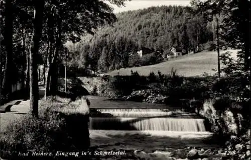 Ak Duszniki Zdrój Bad Reinerz Schlesien, Eingang ins Schmelzetal, Wehr