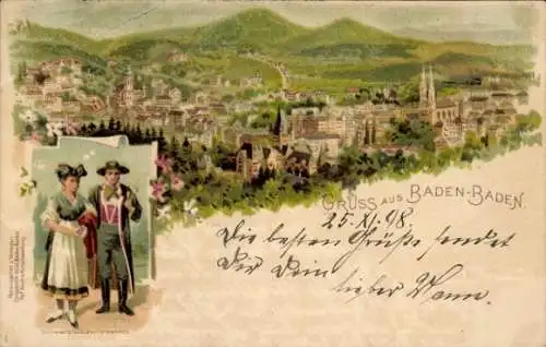 Litho Baden Baden am Schwarzwald, Gesamtansicht, Paar in Tracht