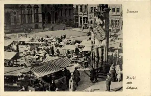 Ak Hansestadt Bremen, Markt mit Roland