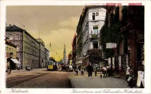 Ak Karlsruhe, Kaiserstraße mit Technischer Hochschule, Straßenbahn 211