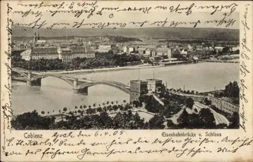 Ak Koblenz am Rhein, Teilansicht, Eisenbahnbrücke, Schloss