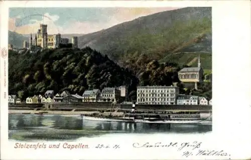 Ak Stolzenfels Koblenz in Rheinland Pfalz, Blick auf das Schloss und Capellen, Dampfer