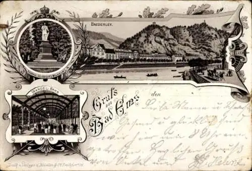 Litho Bad Ems an der Lahn, Bäderlei, Kaiser Wilhelm Denkmal, Wandelbahn