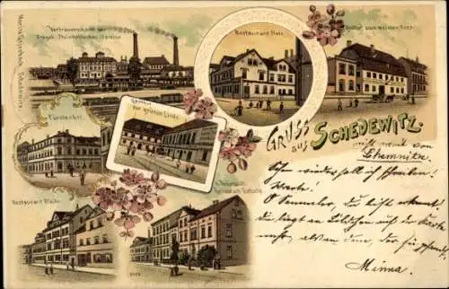 Litho Schedewitz Zwickau, Vertrauenschacht, Gasthaus zur grünen Linde, Fürstenhof, Zum weißen Ross