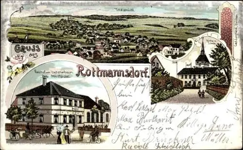 Litho Rottmannsdorf Zwickau, Gasthaus am Kastanienbaum, Inh. Otto Möckel, Totale, Kirche, Schule