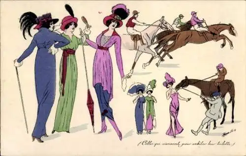 Künstler Ak Sager, X., Jockeys zu Pferden, Elegante Frauen, Mode