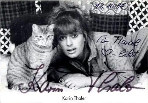 Ak Schauspielerin Karin Thaler, Portrait, Katze, Autogramm