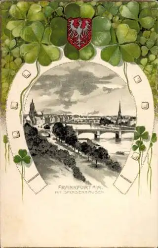 Präge Litho Frankfurt am Main, Gesamtansicht, Sachsenhausen, Glücksklee, Hufeisen, Wappen