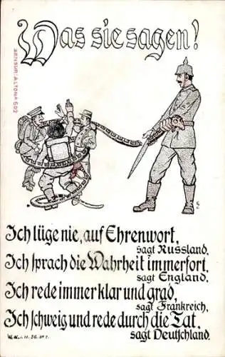 Ak Propaganda Kaiserreich, Was sie sagen, Russland, England, Frankreich, Deutschland