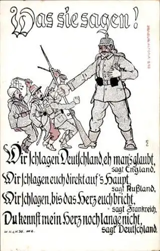 Ak Propaganda Kaiserreich, Was sie sagen, Wir schlagen Deutschland, sagt England