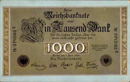 Ak Geldschein, Reichsbanknote, Tausend Mark