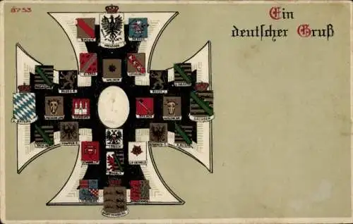 Präge Ak Ein deutscher Gruß, Eisernes Kreuz, Wappen, Kaiser Wilhelm II.