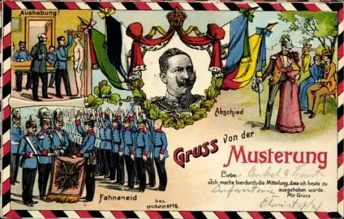 Ak Musterung, Aushebung, Fahneneid, Abschied, Porträt Kaiser Wilhelm II