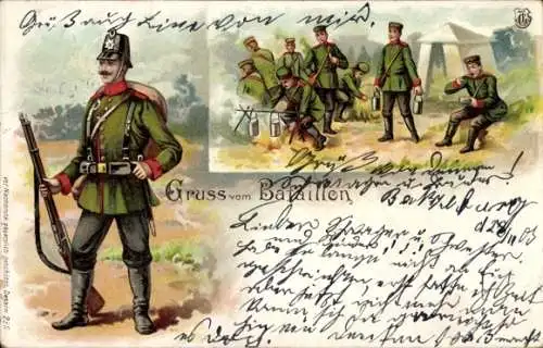 Litho Deutsche Soldaten in Uniformen, Biwak, Kochen, Bataillon