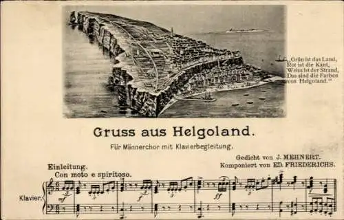 Lied Ak Helgoland in Schleswig Holstein, Gesamtansicht, Noten, Gedicht von J. Mehnert