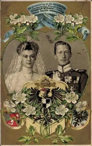 Präge Wappen Ak Kronprinz Wilhelm von Preußen, Kronprinzessin Cecilie, Hochzeit