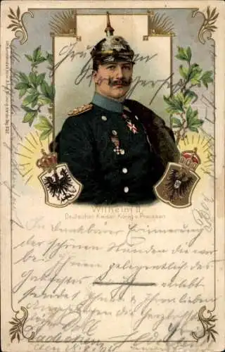 Präge Litho Kaiser Wilhelm II., Wappen, Pickelhaube