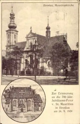 Ak Wrocław Breslau Schlesien, Mauritius-Kirche, 700-Jahrfeier 1924