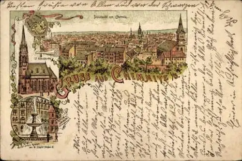 Litho Chemnitz in Sachsen, Gesamtansicht, St. Nikolauskirche, Brunnen