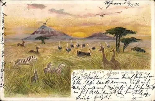 Litho Tansania, Deutsch Ostafrika, Steppe am Kilimandscharo, Zebra, Giraffen, Sträuße