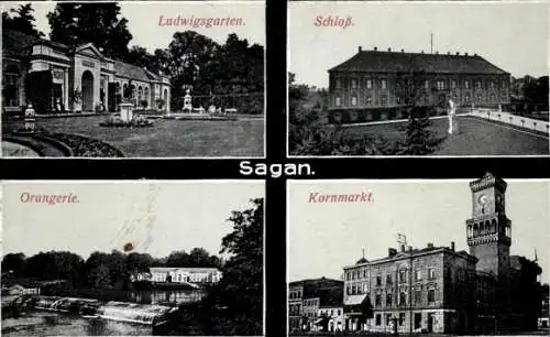 Ak Żagań Sagan Schlesien, Ludwigsgarten, Schloss, Orangerie, Kornmarkt