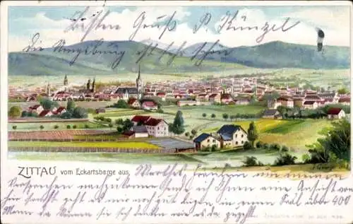 Litho Zittau in der Oberlausitz, Blick vom Eckartsberge aus mit Kirchen und Umgebung