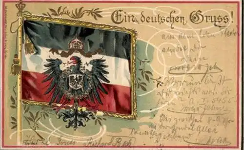 Präge Wappen Litho Ein deutscher Gruß, Kaiserreich, Fahne, Adler