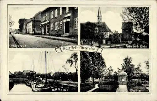 Ak Bützfleth Stade in Niedersachsen, Hauptstraße, Kirche, Hafen, Ehrenmal