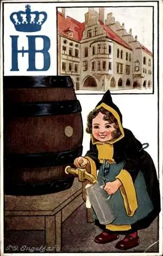 Künstler Ak Engelhard, P. O., Münchener Hofbräuhaus, HB Hofbräu Werbung, Kindl, Bierfass, Maßkrug