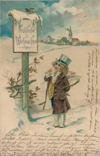 Litho Glückwunsch Weihnachten, Engel, Schild, Vogel, Schnee