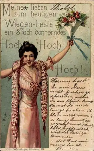 Litho Frau mit Blumenstrauß, Glückwunsch, Donnerndes Hoch