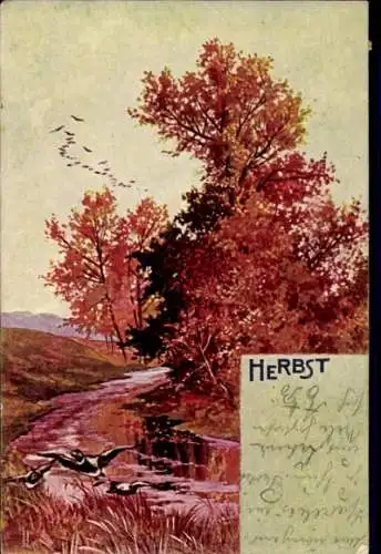 Litho Allegorie, Herbst, Flusspartie, Landschaft, Enten