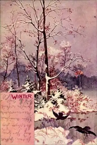 Litho Allegorie, Winter, Landschaft, kahle Bäume