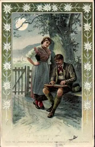 Künstler Litho Dölker, Bayerische Tracht, Liebespaar