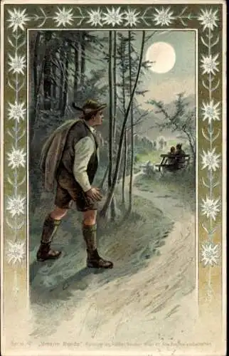 Künstler Litho Dölker, Bayerische Tracht, Liebespaar, Eifersüchtiger Mann, Mond