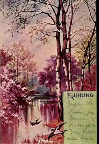 Litho Frühling, Allegorie, Jahreszeit, Schwalben, Wald, Fluss, Baumblüte