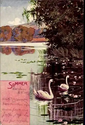 Litho Sommer, Allegorie, Jahreszeit, Schwäne auf dem Wasser, Teichrosen