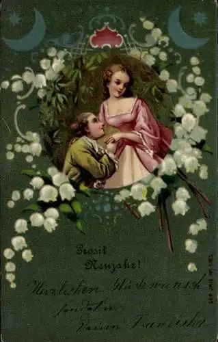 Präge Litho Glückwunsch Neujahr, Liebespaar, Maiglöckchen