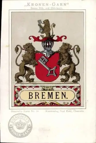 Wappen Litho Hansestadt Bremen, Löwen, Schlüssel, Kunstverlag Paul Kohl Chemnitz Nr. 14