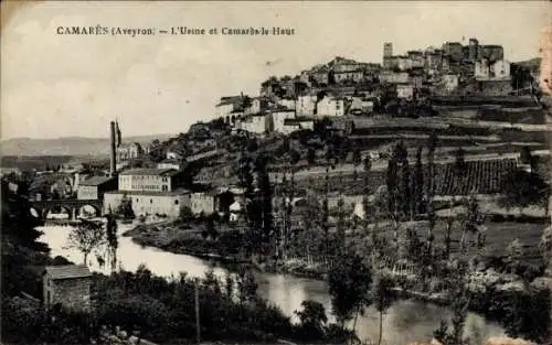 Ak Camares Aveyron, Fabrik, Camares le Haut, Fluss, Berg