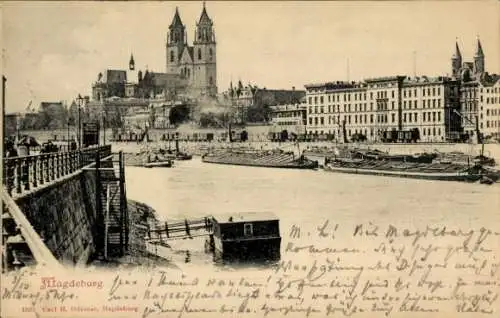 Ak Magdeburg an der Elbe, Teilansicht, Lastkähne, Dom