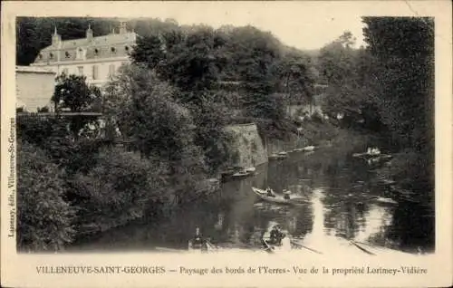 Ak Villeneuve Saint Georges Val de Marne, Paysage des bords de l'Yerres, Ruderboote