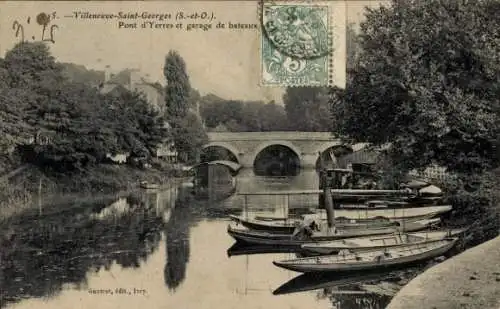 Ak Villeneuve Saint Georges Val de Marne, Pont d'Yerres et garage de bateaux