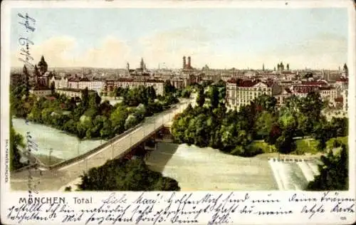 Ak München, Gesamtansicht, Brücke, Isar